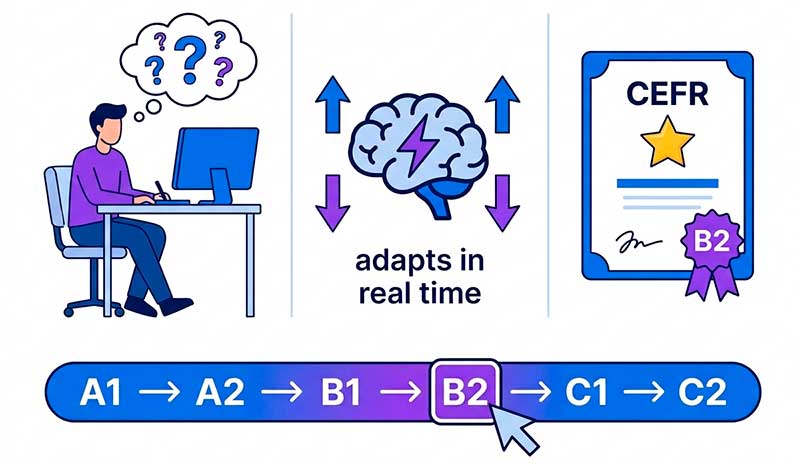 How AI Adaptive Test works — CEFR levels A1 to C2
